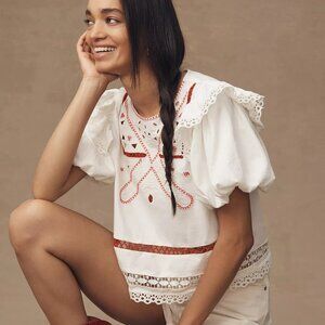 065 By Anthropologie Puff-Sleeve Cutwork Top NWT Size Large